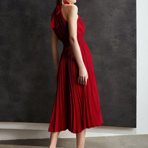 Red Party Women's Shirred Waist Halter Neck Pleated Long Dress - Picture 2 of 7